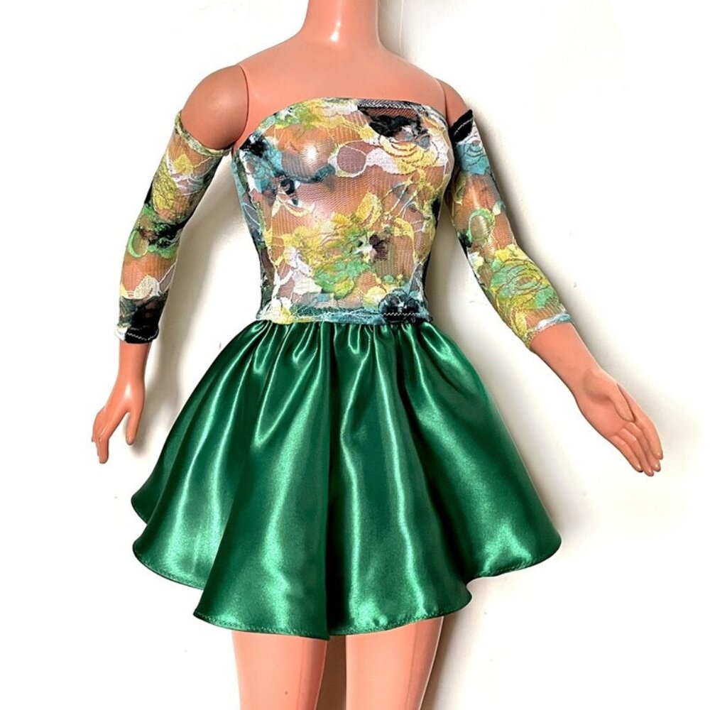 Multicolor lace top, sleeves, green satin skirt for My Size Barbie Doll 36" OOAK